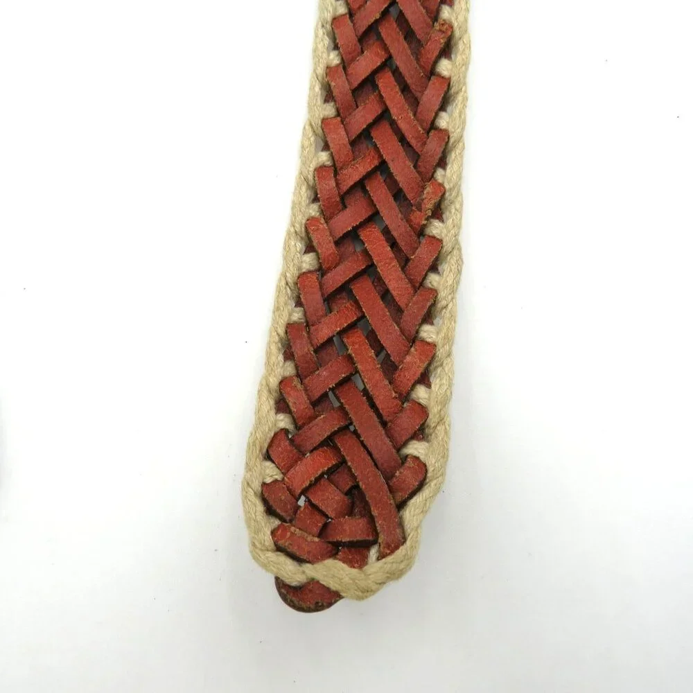 Woven Belt Womens Sz Medium Braided Genuine Leather Cotton Tan Brown Boho Hippie